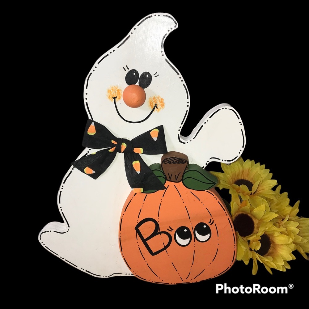 Halloween ghost pumpkin decor Handmade Wood  Stand / hang 3D Casper Boo 14x10.5